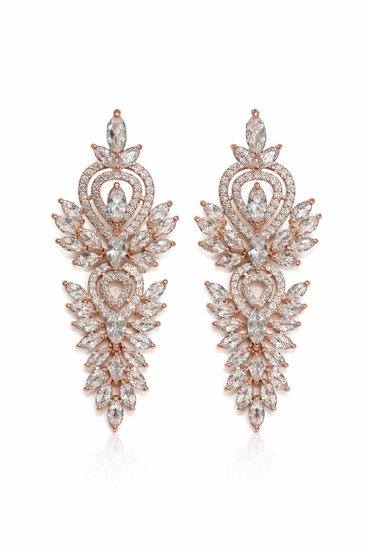 Boucles d'oreilles rose gold longues strass et laiton rosé