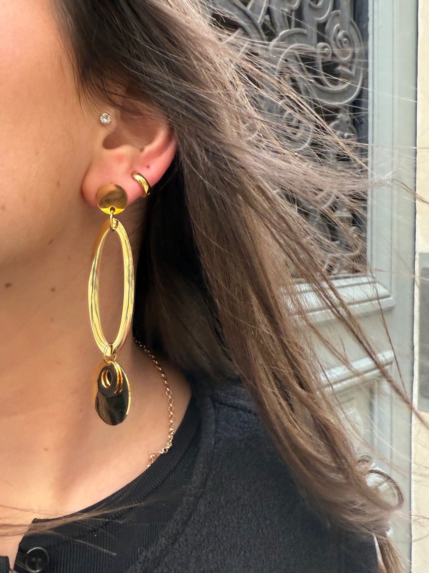 Boucles d'oreilles longues pendantes anneaux en laiton doré