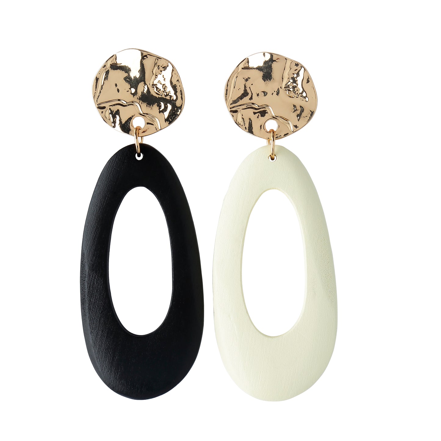 Boucles d'oreilles asymétriques contrastées noir et blanc en laiton doré